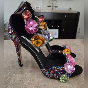 Gianni Bini Oaklynn Suede Rainbow Rhinestone Jeweled Ankle Sandals.  Size 5